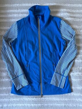 Lululemon Sz 12 Royal Blue Jacket with White & Blue Striped Sleeves
